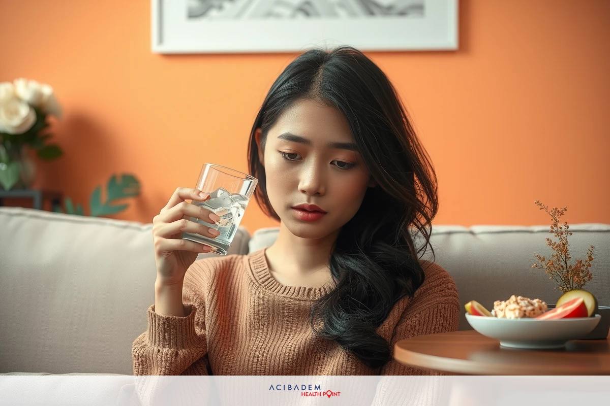 The image portrays a young woman seated on a couch in a warm, inviting living room. She is dressed casually and seems to be enjoying a moment of solitude or relaxation. The woman holds a clear glass in her hand, possibly sipping from it. On the table next to her are a bowl filled with fresh fruits like apples and oranges, adding a vibrant splash of color to the scene. The room is decorated with a few personal items that create a cozy atmosphere. The overall mood of the image is peaceful and introspective.