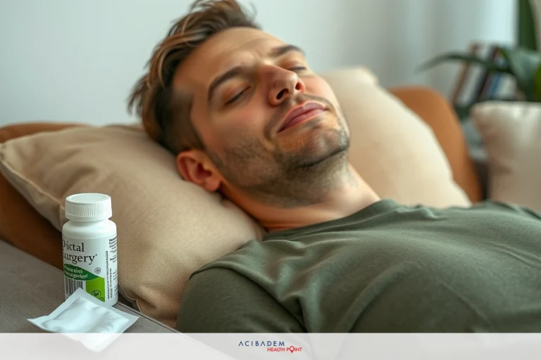Man is lying down on a bed, looking at the camera. He is wearing a green shirt and has a bottle of medicine or supplements by his side.