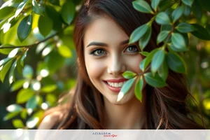 The image features a young woman smiling at the camera, partially obscured by green leaves. She is wearing makeup and has her hair styled neatly. The environment appears to be natural with plants in the background suggesting an outdoor setting.