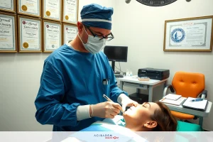 A surgeon office scene with a professional wearing full surgical attire performing an examination, including taking impressions and possibly preparing for a procedure. The environment is sterilized and well-lit.