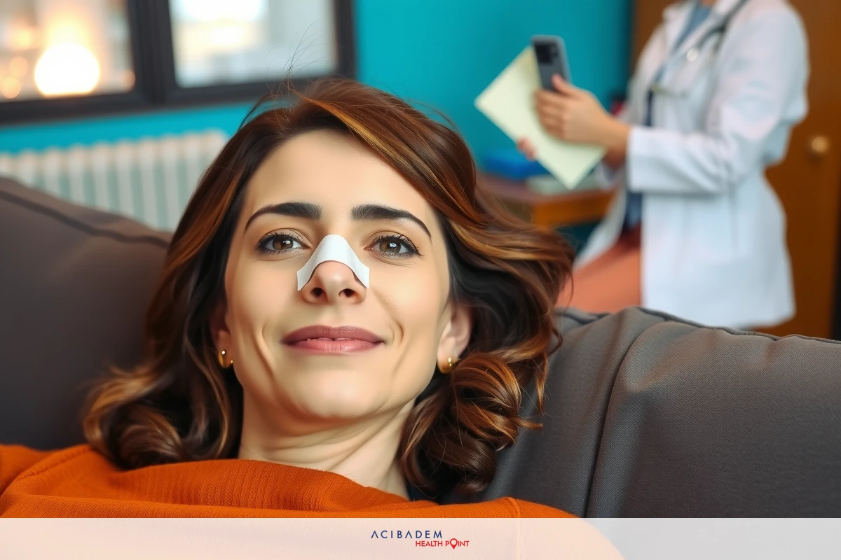 A female patient wearing a medical bandage on her nose, lying or sitting comfortably on a couch in an office. She is smiling and appears to be relaxed.