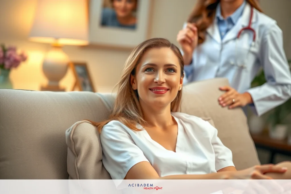 Two women in a living room, one seated on couch with joyful expression, and another standing with medical badge and clipboard.