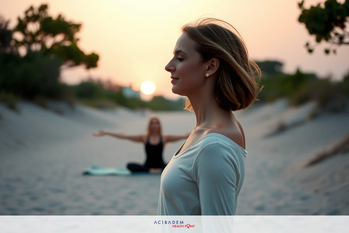 Two women practicing yoga on a sandy beach at sunset. One woman is standing, with her eyes closed in a meditative pose, while the other woman is seated in an open-legged position, also with her eyes closed.