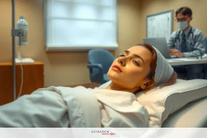 The image features an indoor medical setting with a woman lying on a hospital bed. She appears to be undergoing some sort of medical procedure or examination, as suggested by the presence of a medical professional in the background who is observing her condition and taking notes. The environment suggests a sterile and clinical atmosphere typical of a medical facility. Colors are neutral with a focus on the woman's bed linens.