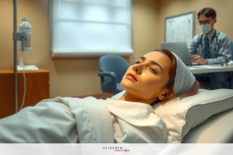 How is Tip Rhinoplasty Done? The image features an indoor medical setting with a woman lying on a hospital bed. She appears to be undergoing some sort of medical procedure or examination, as suggested by the presence of a medical professional in the background who is observing her condition and taking notes. The environment suggests a sterile and clinical atmosphere typical of a medical facility. Colors are neutral with a focus on the woman's bed linens.