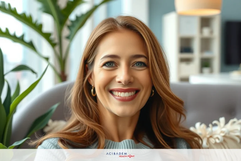 A smiling woman with long hair seated on a gray couch indoors, looking at the camera. She is wearing a light blue sweater and has a friendly expression on her face.