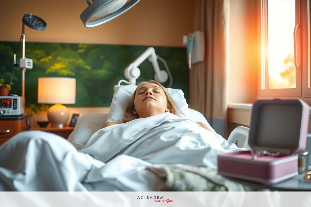 How Long Does a Combined Breast Lift and Rhinoplasty Take? The image depicts a woman lying in a hospital bed, with medical equipment surrounding her. She appears to be resting or undergoing treatment. The room is brightly lit, suggesting it might be daytime. There's a window allowing natural light to enter the space. Various items like a tray and personal belongings are placed on the bedside table, indicating her stay in the hospital.