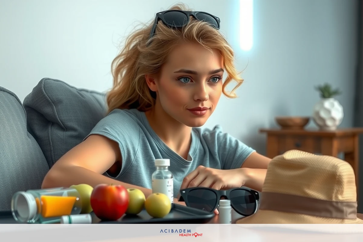 A young woman with long blonde hair and blue eyes sitting on a sofa, holding glasses in her hand. She is wearing a light gray top and seems to be relaxed or taking a break.