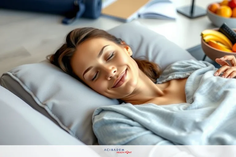How Long Can You Not Workout After Rhinoplasty A woman peacefully sleeping on a couch, with her eyes closed and relaxed expression. The setting appears to be a home environment, indicated by the presence of a bowl of fruit in the background.