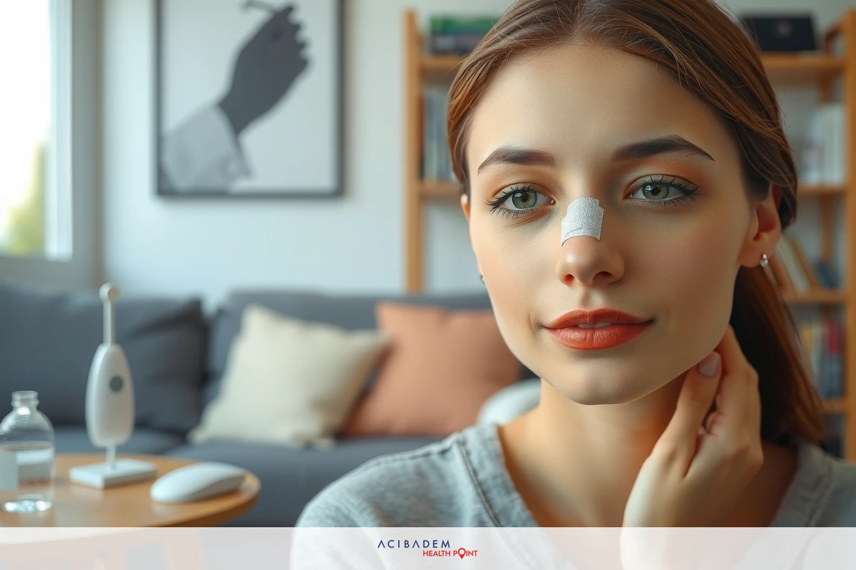 A young woman with a face mask on her nose, demonstrating skincare routine in a modern living room setting.