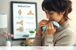 Woman in a beige sweater holding a blue cloth to her nose, seemingly in the middle of an office environment. She is looking down and appears concerned. Office setting with medical posters on the wall and plants on the desk.
