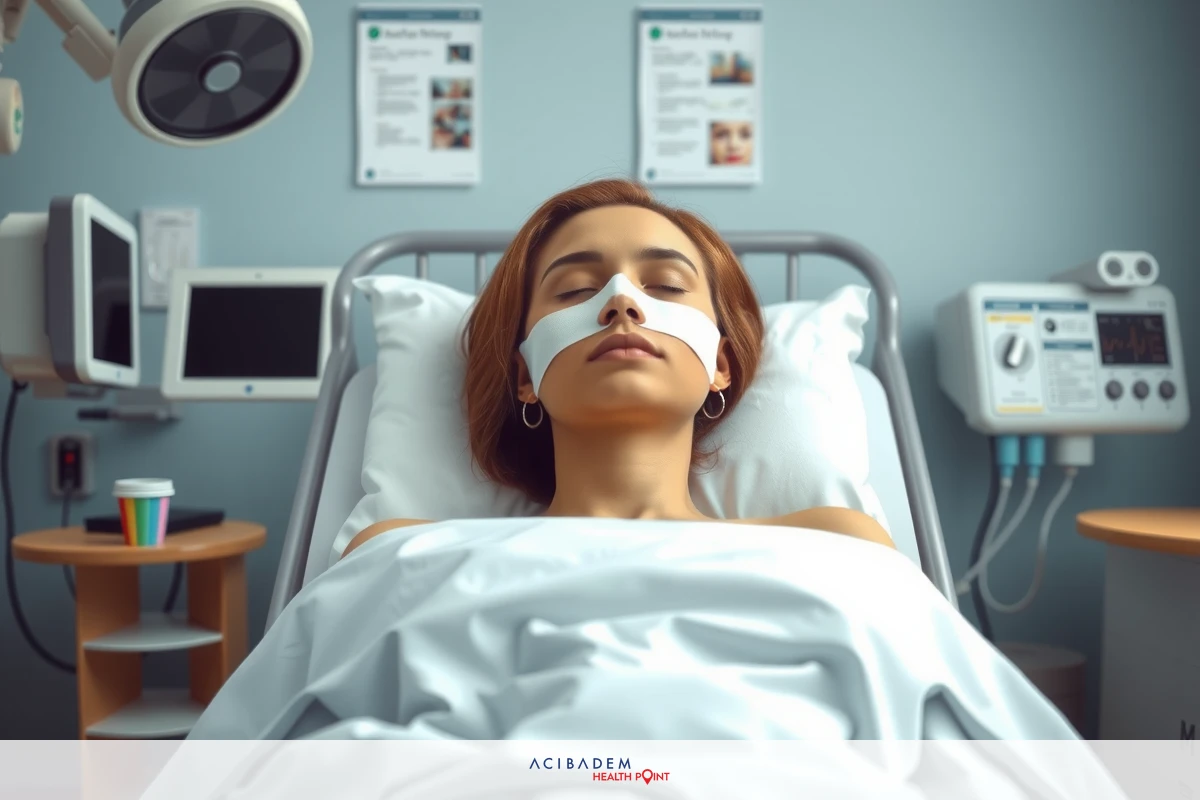 The image depicts a woman lying in a hospital bed, with medical equipment around her. She is undergoing some form of medical procedure or treatment.