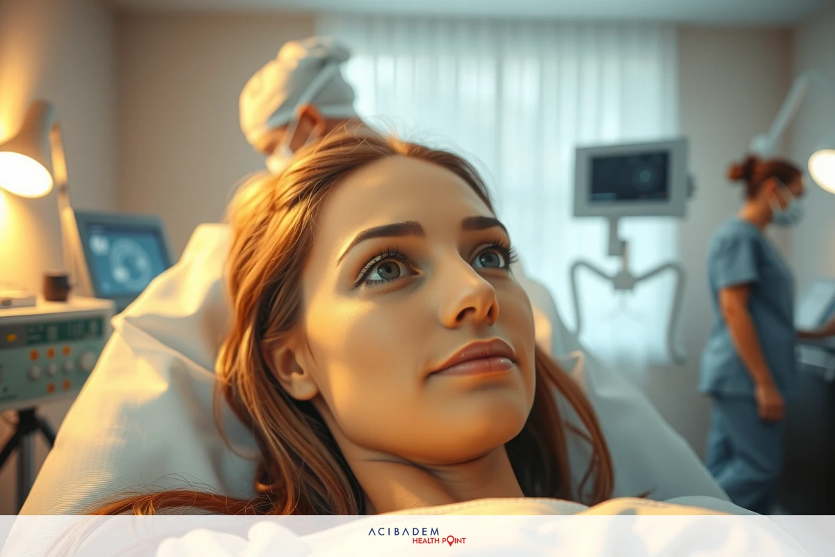 This is a medical scene with two healthcare professionals attending to a patient. The patient appears to be a woman lying in a hospital bed. She has a calm expression on her face, looking towards the camera. There are various medical devices and monitors around the bed that indicate an intensive care or monitoring environment. The setting suggests a clean and sterile healthcare facility.