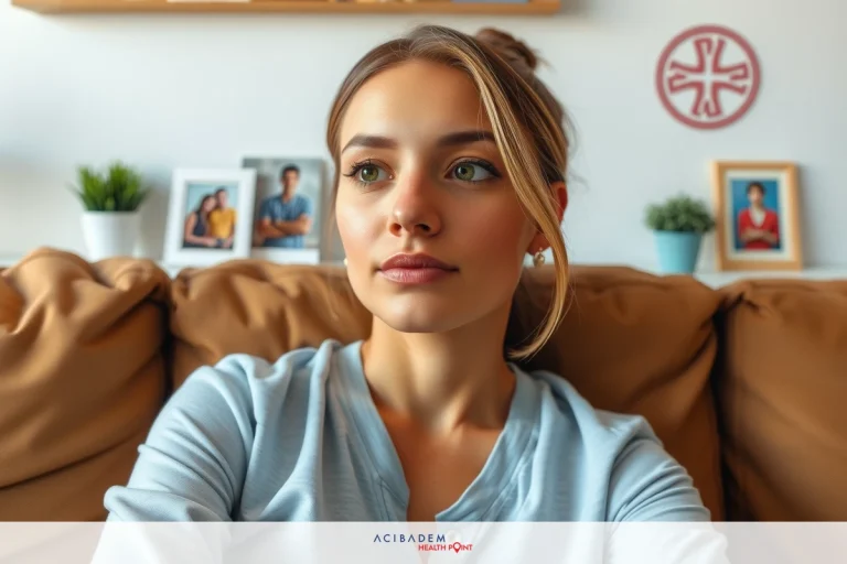 The image shows a woman sitting on a couch with her legs crossed. She is wearing a gray shirt and has a relaxed posture. The background includes framed photos on the wall, suggesting a comfortable home environment. There are no visible texts or distinctive brands.