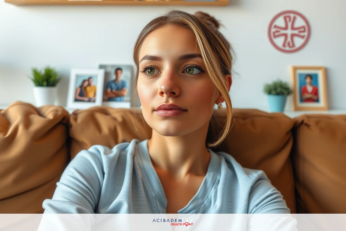 The image shows a woman sitting on a couch with her legs crossed. She is wearing a gray shirt and has a relaxed posture. The background includes framed photos on the wall, suggesting a comfortable home environment. There are no visible texts or distinctive brands.