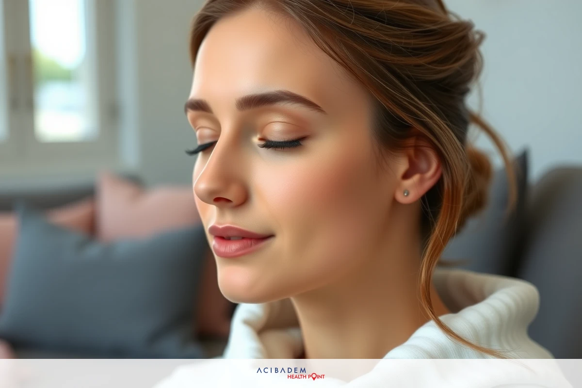 A woman with closed eyes, engaged in a meditative or introspective state. Her face shows calmness and serenity. The background is softly focused, suggesting an indoor setting that could be a living room.