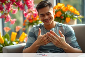 The image features a young man seated on a sofa in an indoor environment, surrounded by various potted plants. He is smiling and has his hands clasped together near his chest, creating a warm and welcoming atmosphere.