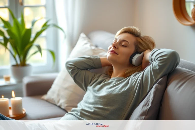 A woman relaxing on a couch, wearing headphones and smiling, in a cozy living room setting. The environment is warm with soft lighting and homey furnishings.
