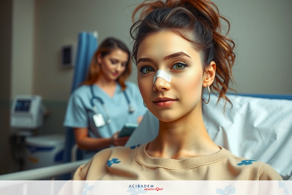 The image shows a hospital setting. A woman is lying on a medical bed, wearing a patient gown with a light blue pattern. She has a cast or splint covering her right arm and hand, indicating she may have undergone recent medical treatment.