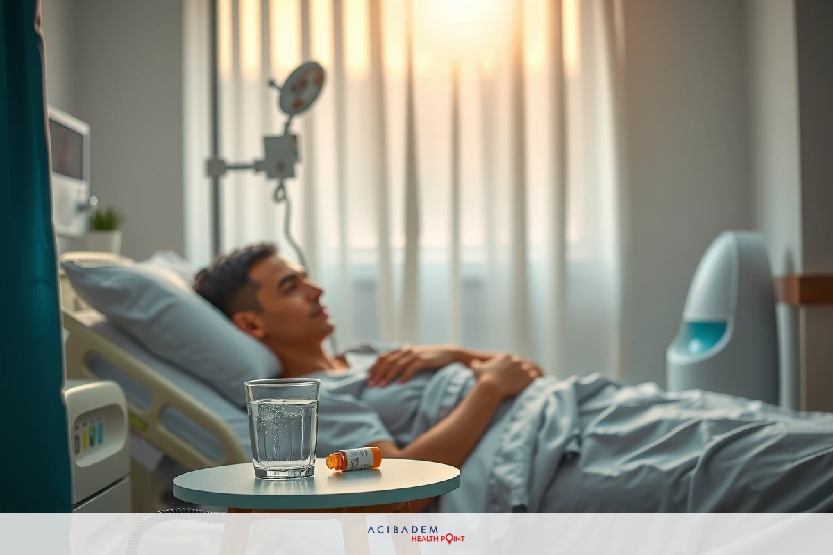 The image portrays a hospital setting with a young male patient lying in bed. He is wearing a hospital gown. To the right of the bed, there is a tray with a glass of water, indicating that he might be receiving medical treatment. The environment suggests a sterile, clinical atmosphere typical of a healthcare facility.