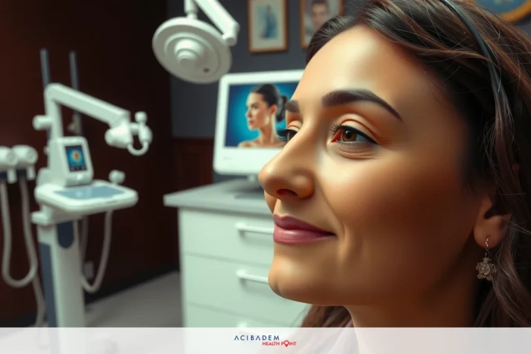 A woman in a medical office, sitting at the medical chair with head turned towards computer screen displaying a patient's image. The environment is modern and professional, overhead lights, and clinical instruments.