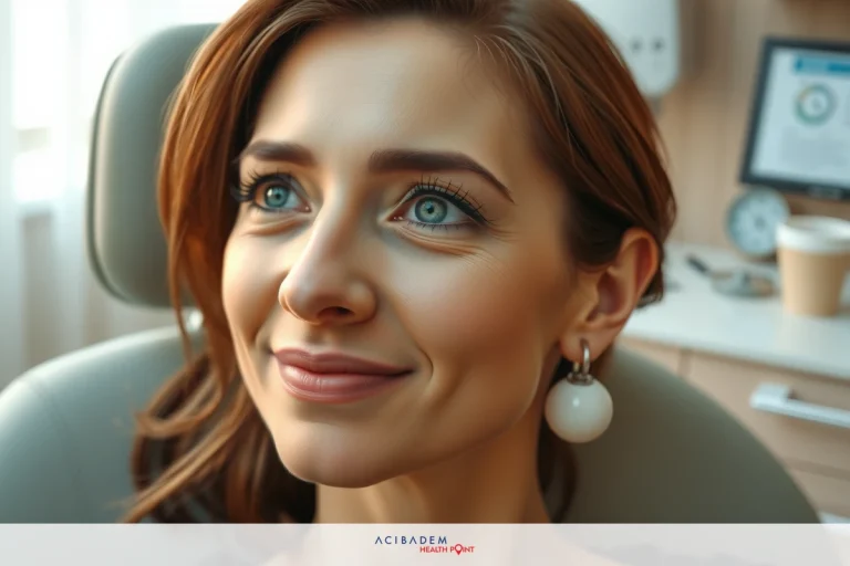 A young woman with light-colored eyes, wearing earrings and a slight smile. She is in a office environment, seated in the chair. The room has modern furnishings and equipment indicating a professional medical setting.