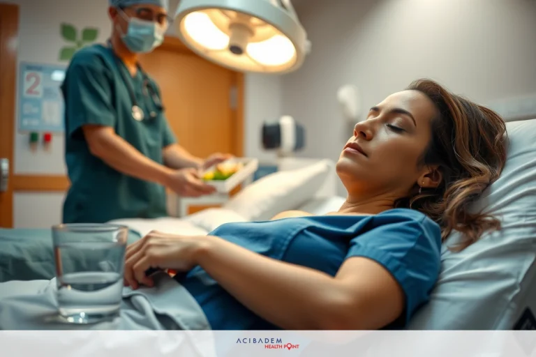The image shows a medical setting with two individuals. The woman in the foreground is lying on an operating table, possibly undergoing rhinoplasty. She appears to be asleep or sedated. A male figure, who seems to be a healthcare professional wearing surgical attire, stands near her.