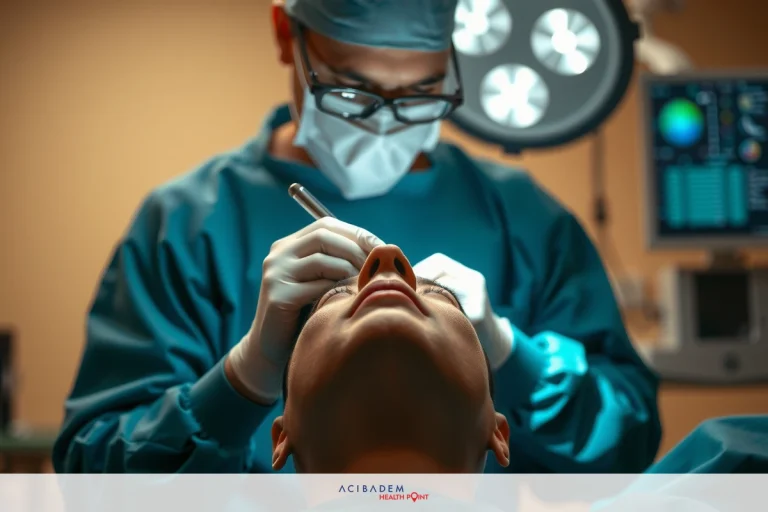 How to Get Free Rhinoplasty in Canada The image depicts a medical scene with two surgeons in an operating room. One of the doctors is performing surgery on a patient, whose head and upper body are visible. The patient appears to be sedated or under general anesthesia.