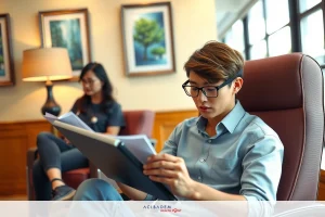 A man wearing glasses and a blue shirt, reading from an electronic device on his lap while seated in a chair with armrests.