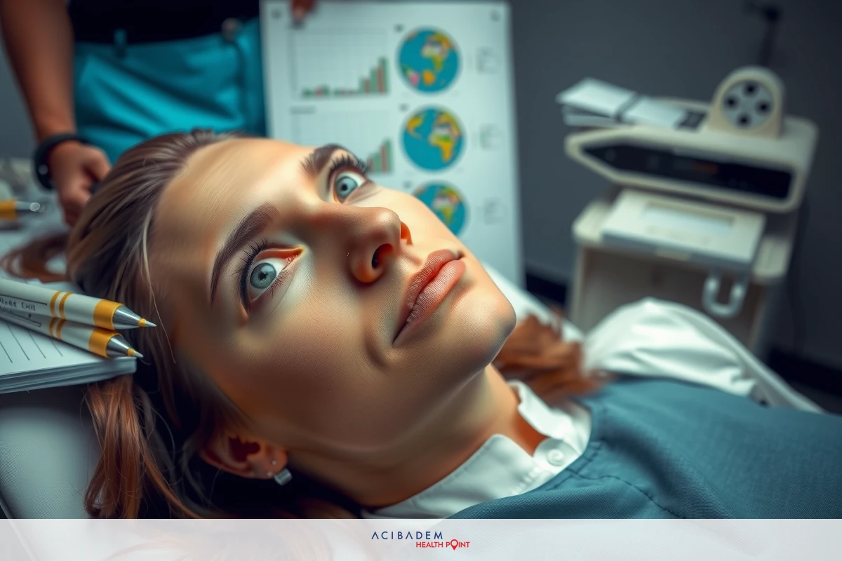 A woman is lying on a medical examination table with her head tilted back.