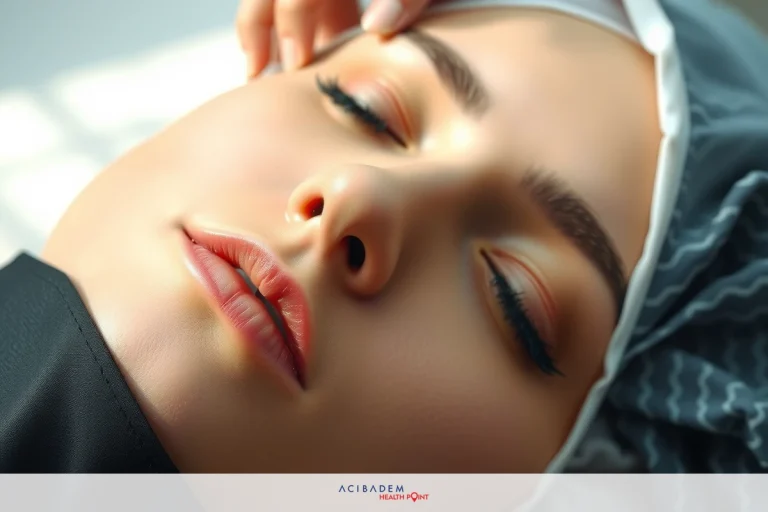 Can You Remove a Rhinoplasty Cast 5 Days After Rhinoplasty? A woman with her eyes closed, relaxing in a spa or salon. She is wearing makeup and has a head covering.