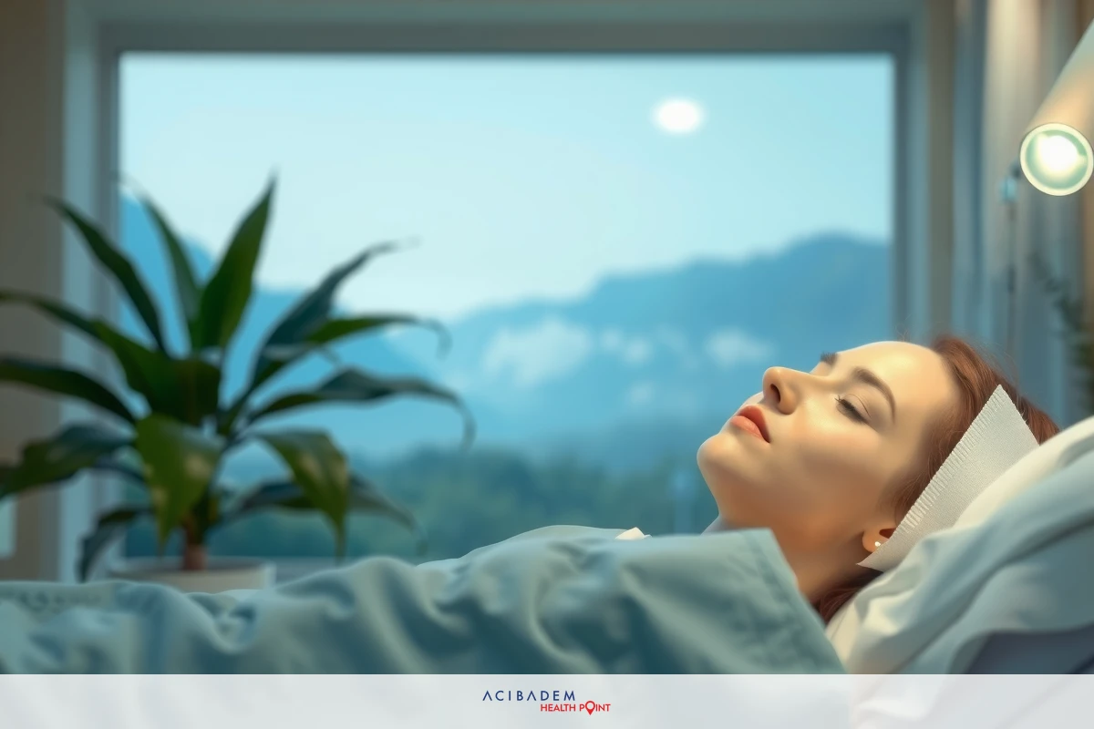 The image features a woman lying down in what appears to be a hospital bed. She is wearing a white headband and appears to be looking upwards, possibly reacting to something or someone not visible in the frame.