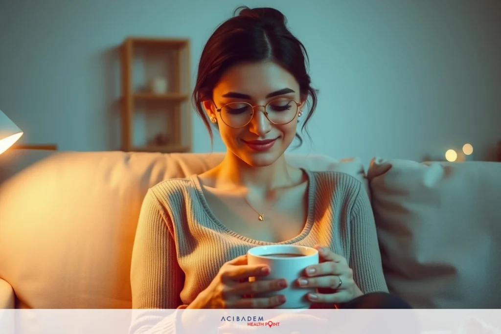 What Does Rhinoplasty Look Like A woman in a cozy indoor setting, sitting on the edge of a sofa with legs crossed. She is smiling and holds a mug in her hands, enjoying a hot beverage.