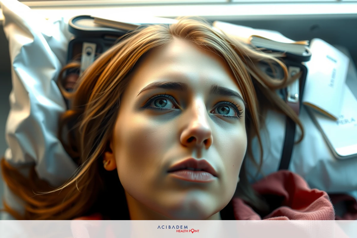 The image depicts a woman lying in a hospital bed, looking upwards with a concerned or thoughtful expression. Her hair is long and blonde. The room has a sterile environment with medical equipment visible, emphasizing the setting as that of a hospital.