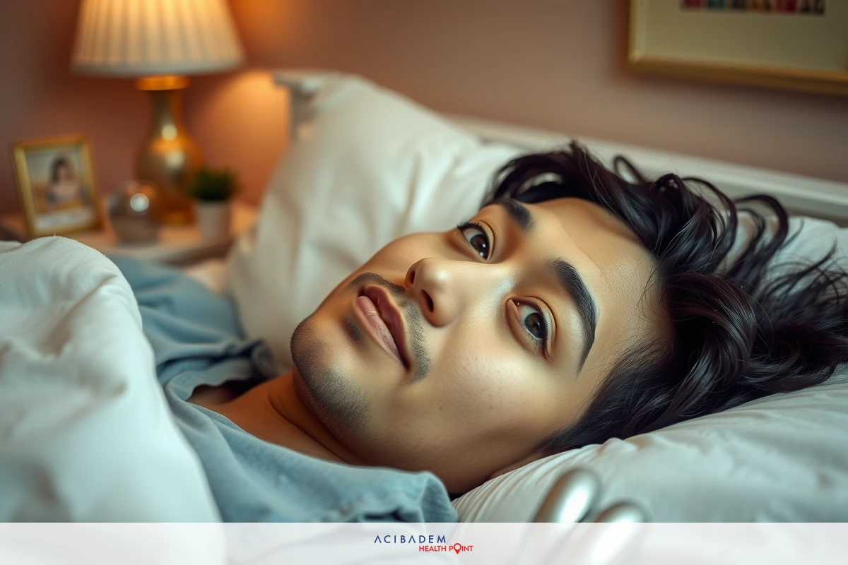 The image shows a person lying in bed. They are smiling and appear to be at ease. The setting is indoors, with a warm color palette dominated by soft yellows and browns.