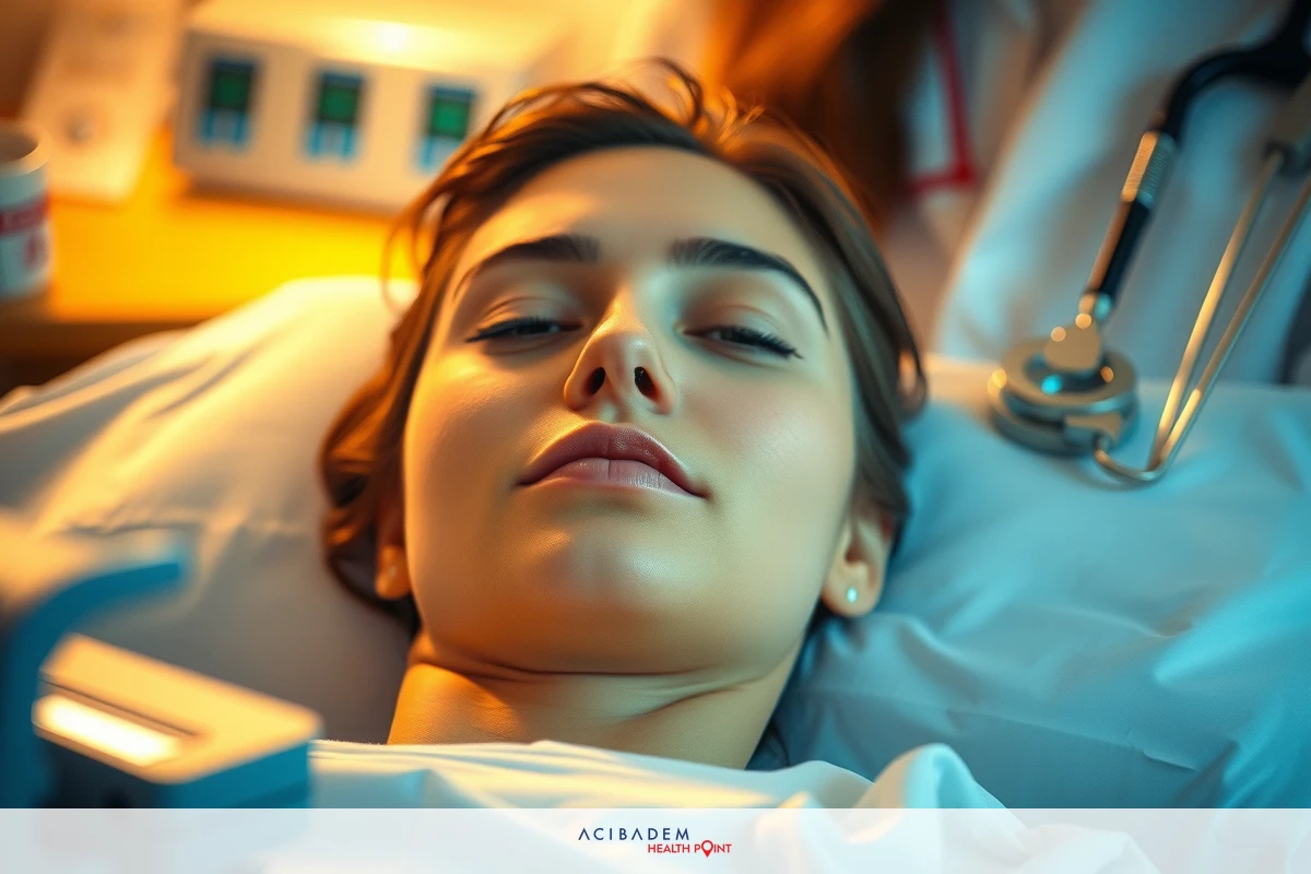 The image shows a woman lying in a hospital bed. She has closed eyes and appears to be either resting or asleep. Medical equipment is visible in the background, indicating that she may be in a healthcare facility for treatment.