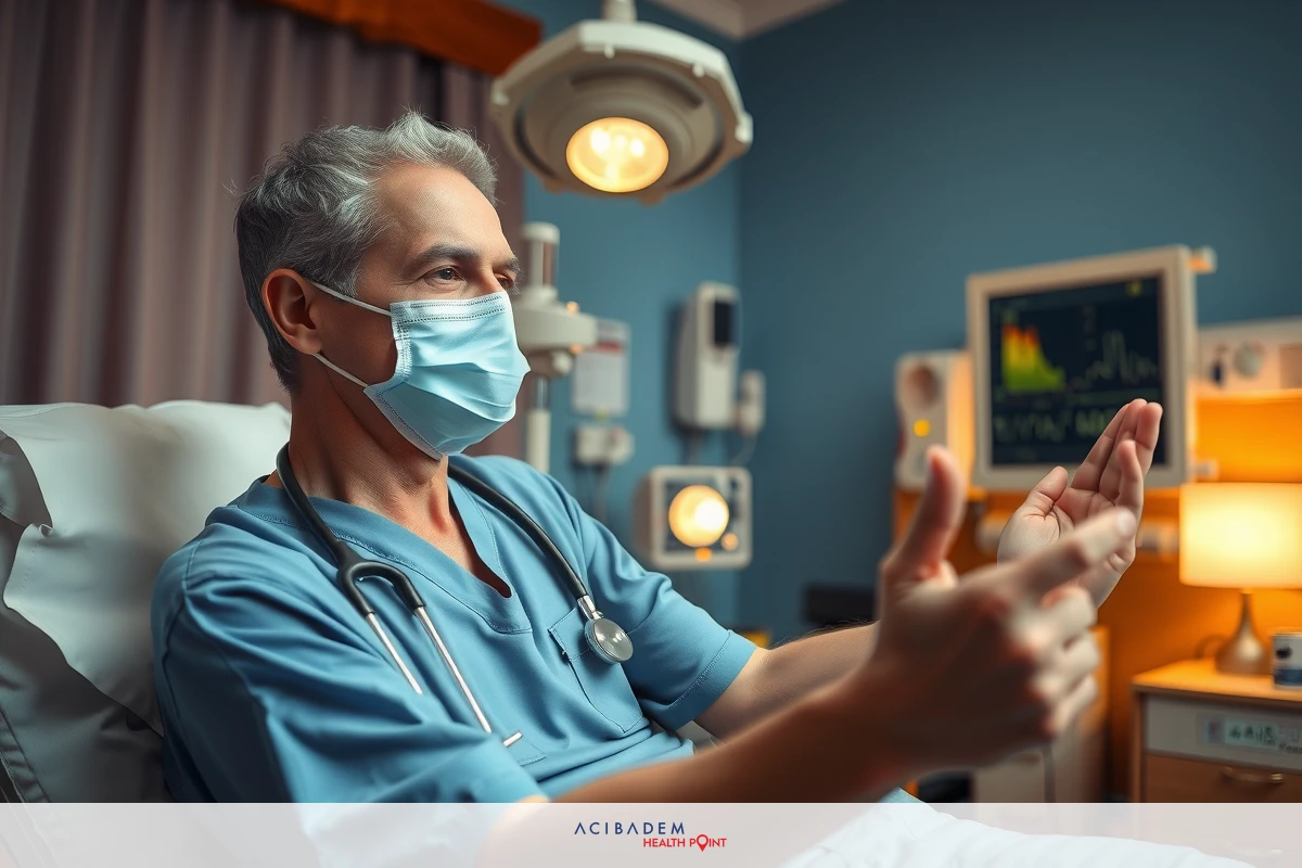 The image shows a person dressed in medical attire, wearing a mask and goggles, seated at a desk with medical equipment. The individual appears to be examining or treating someone as part of their professional duties.