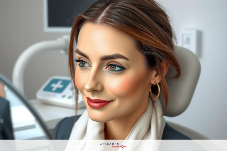 Does Non-Surgical Rhinoplasty Work on Round Noses? Woman in medical office, wearing gold earrings and smiling at camera with red lipstick, looking into mirror. Clinical environment with medical equipment.