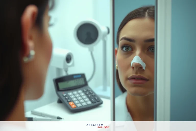 Do I Have to Pay for Revision Rhinoplasty? A woman with a nose tape is looking at herself in the mirror. She's wearing a white gown, and the environment suggests a clinical setting like a doctor's office.