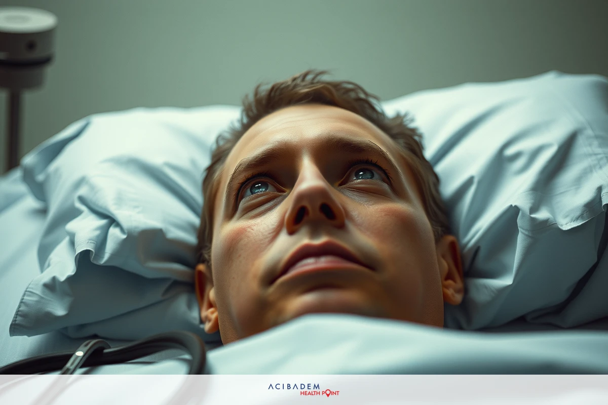 The image depicts a hospital scene with a patient lying on a bed, hooked up to medical equipment. The environment suggests a clinical setting with medical staff or professionals possibly present, but they are not visible in the frame.