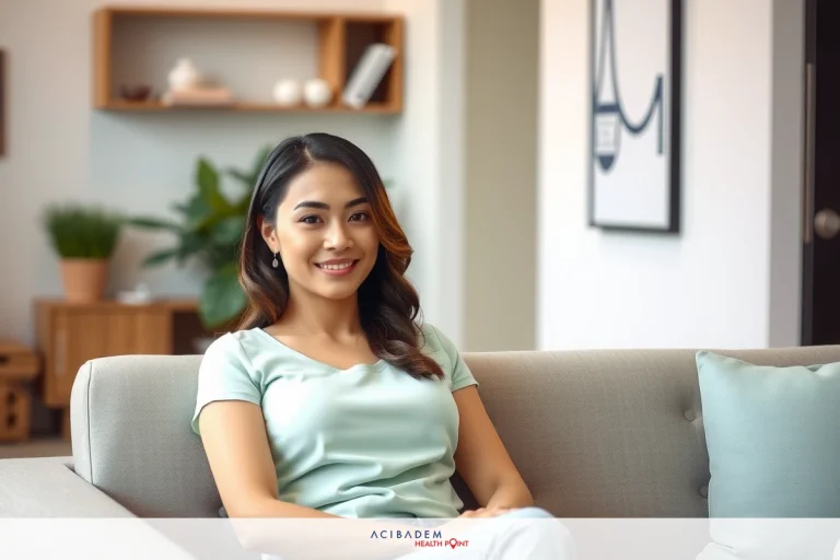 Can You Make Nostrils Smaller with Rhinoplasty? The image features a woman sitting on a couch in an indoor living room setting. She has long dark hair and is wearing a light blue top with jeans. The woman is smiling and looking at the camera, giving the impression of a relaxed and casual atmosphere.