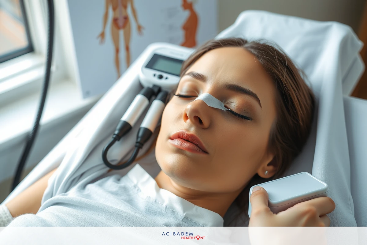 The image features a woman lying down on a medical table. She has her eyes closed and appears to be relaxed, possibly undergoing a medical examination or procedure.