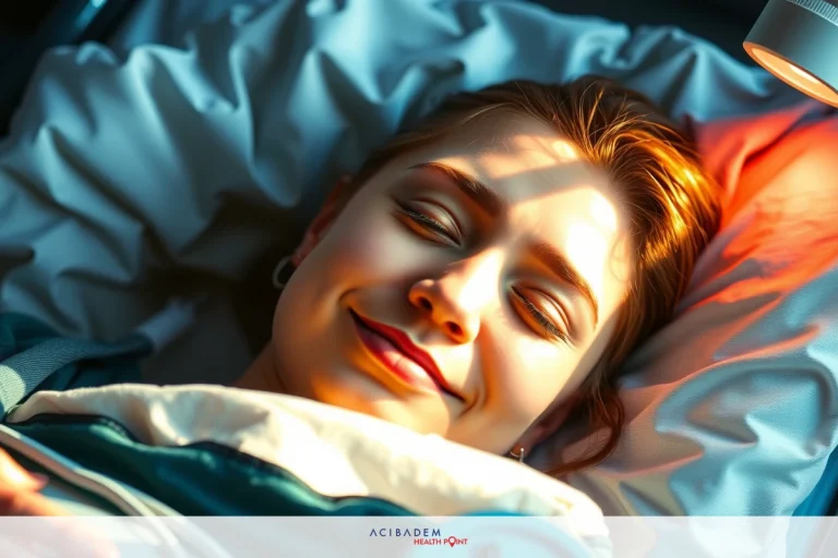 The image shows a woman lying in bed with her eyes closed and a serene smile on her face. She appears to be resting or possibly asleep. The environment around her seems calm and peaceful.