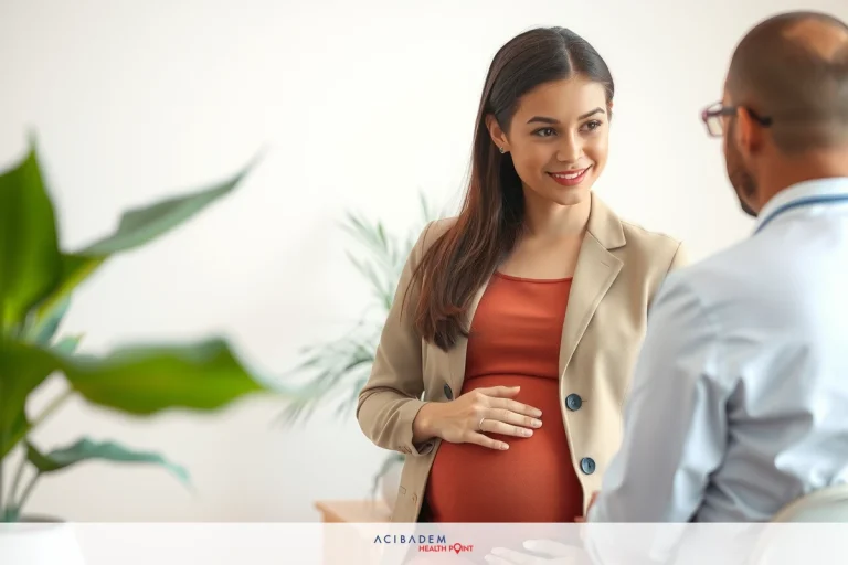The image shows a professional environment with two individuals, possibly in an office or clinic. A pregnant woman is seated across from a medical practitioner who appears to be discussing her health. The woman is wearing business attire. Both individuals are smiling, suggesting a friendly interaction. There are various objects in the background such as a potted plant, indicating a well-kept environment.