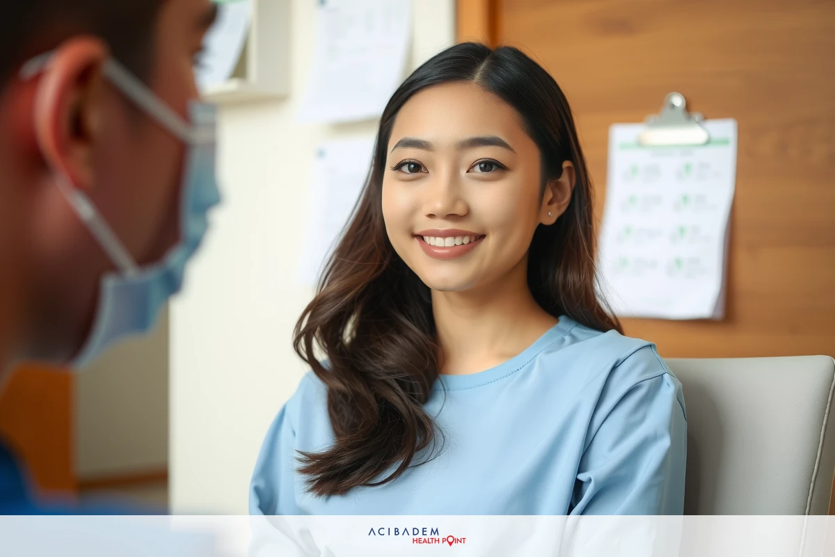 A young woman in a medical gown smiling while talking to another person whose face is blurred. The environment suggests a clinical setting, possibly a doctor's office or hospital.