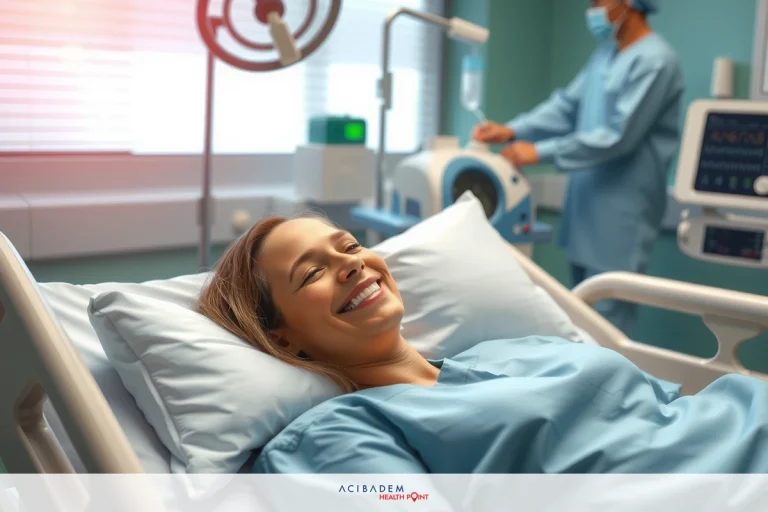 A woman is lying down in a hospital bed. She has a smile on her face and appears to be in good spirits. There are medical professionals attending to her, suggesting she might be there for an examination or a routine check-up. The environment suggests a well-lit, clean, and professional healthcare setting with medical equipment visible around the room.