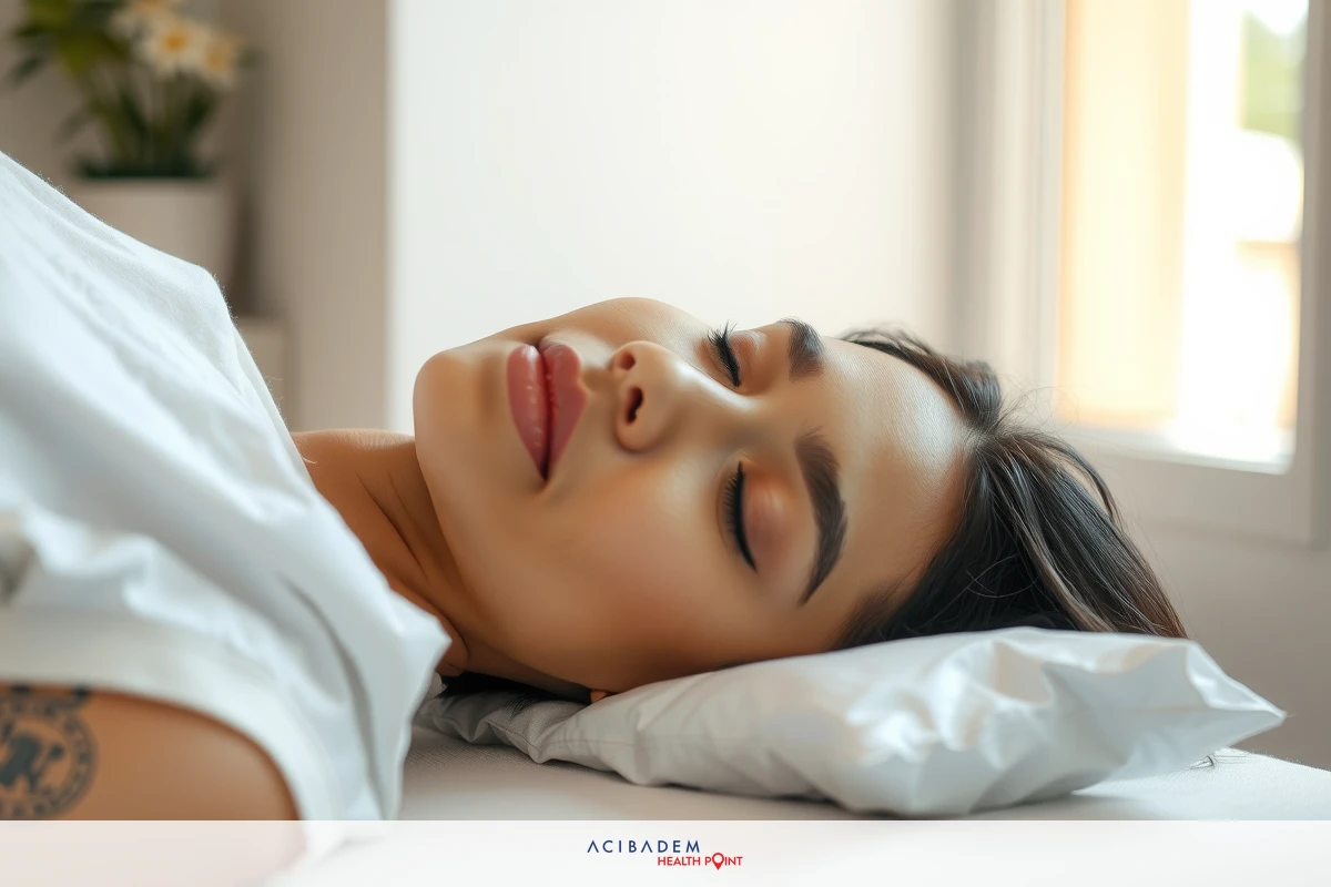 The image shows a person lying down in a relaxed posture, with their eyes closed. The individual appears to be resting or sleeping on bed, indicated by the ambient lighting and soft textures around them.