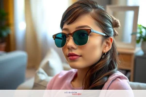 The image shows a person wearing sunglasses with a pink shirt, seated and looking towards the camera. The setting appears to be an indoor room, possibly a living room, with soft lighting and a neutral color scheme that includes tones of white, gray, and beige.