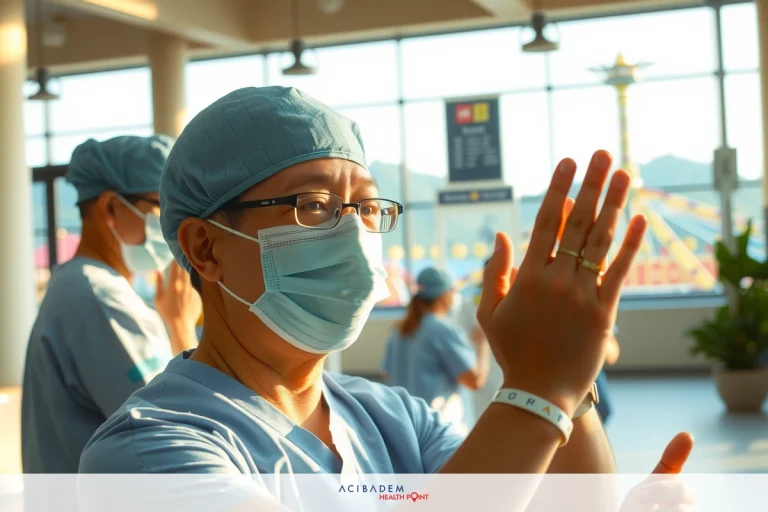 Can You Go on Roller Coasters After Rhinoplasty The image depicts a professional medical environment. There are multiple individuals wearing surgical attire, which includes white lab coats and face masks.