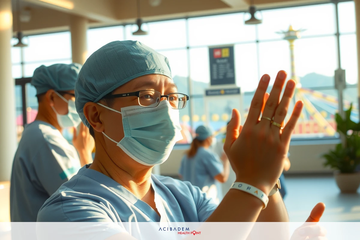 The image depicts a professional medical environment. There are multiple individuals wearing surgical attire, which includes white lab coats and face masks.